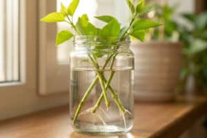 Close-up of vibrant green lilac cuttings in a clear glass jar with visible white roots in water. Soft natural light from a window illuminates the scene.