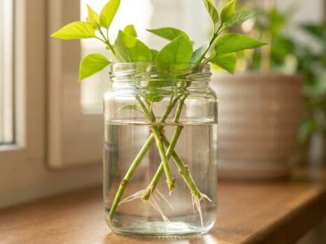 Close-up of vibrant green lilac cuttings in a clear glass jar with visible white roots in water. Soft natural light from a window illuminates the scene.