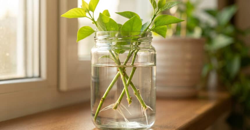 Close-up of vibrant green lilac cuttings in a clear glass jar with visible white roots in water. Soft natural light from a window illuminates the scene.