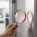 A hand holds a magnifying glass over a stainless steel refrigerator, revealing a red warning symbol. Blurred modern kitchen.