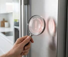 A hand holds a magnifying glass over a stainless steel refrigerator, revealing a red warning symbol. Blurred modern kitchen.
