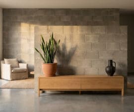 A modern living room with a textured concrete block wall, wooden console, snake plant, and ceramic vase, bathed in soft natural light.