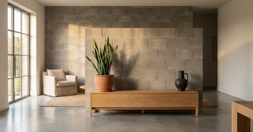 A modern living room with a textured concrete block wall, wooden console, snake plant, and ceramic vase, bathed in soft natural light.