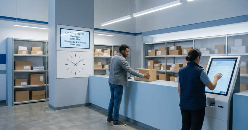 Modern parcel hub interior. A man places a package on a counter, a woman uses a digital kiosk. Shelves with parcels and opening hours display.