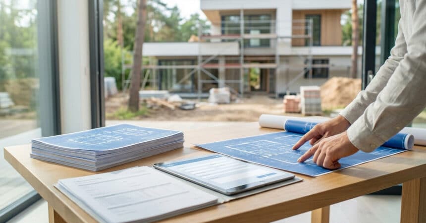 A person's hands point at blueprints on a wooden desk, with a tablet and documents. A house under construction is blurred in the background.