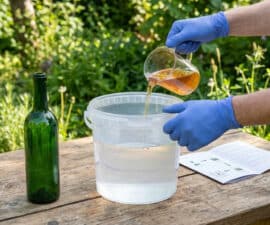 Gloved hands precisely pour amber liquid from a measuring cup into a 5L water bucket on a wooden table outdoors, with a green bottle and instructions nearby.