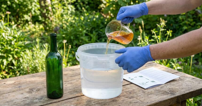 Gloved hands precisely pour amber liquid from a measuring cup into a 5L water bucket on a wooden table outdoors, with a green bottle and instructions nearby.