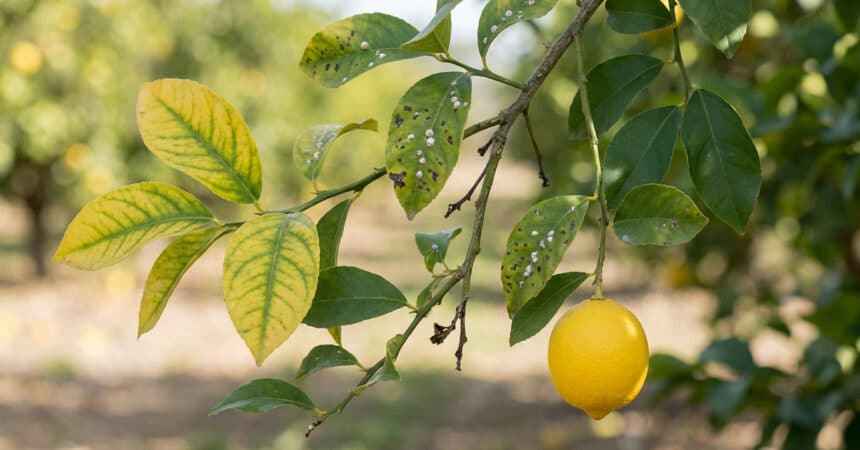 Ramo de limoeiro com folhas amareladas (clorose), manchas brancas (cochonilhas) e lesões escuras, mas também folhas verdes saudáveis e um limão maduro.