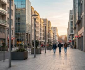 Scène de rue urbaine moderne en France au crépuscule. Des piétons marchent le long de bâtiments contemporains sous une lumière douce.
