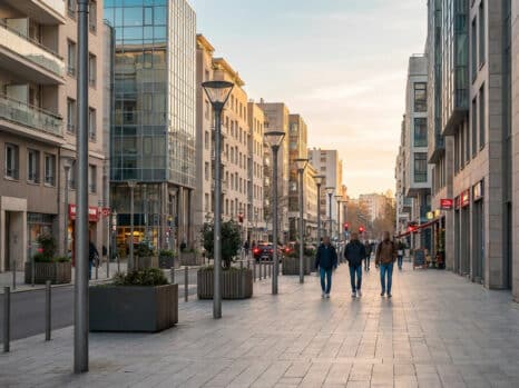 Scène de rue urbaine moderne en France au crépuscule. Des piétons marchent le long de bâtiments contemporains sous une lumière douce.