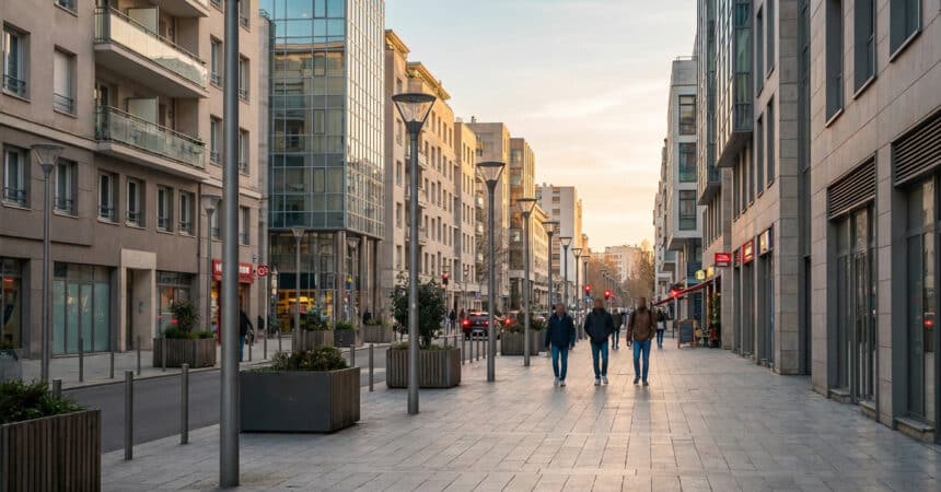 Scène de rue urbaine moderne en France au crépuscule. Des piétons marchent le long de bâtiments contemporains sous une lumière douce.