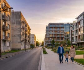Late afternoon in Sarcelles showing contrasting old and modern residential buildings with a family walking on a clean sidewalk.