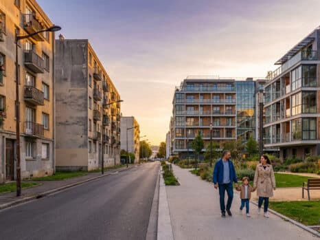 Late afternoon in Sarcelles showing contrasting old and modern residential buildings with a family walking on a clean sidewalk.