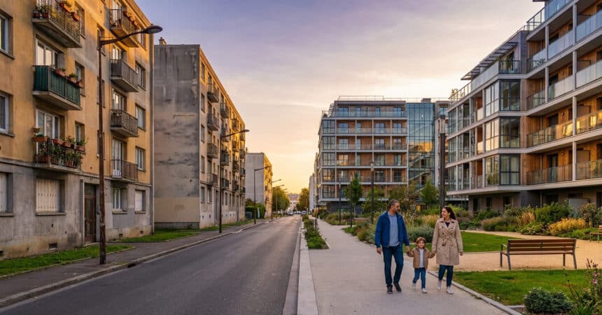 Late afternoon in Sarcelles showing contrasting old and modern residential buildings with a family walking on a clean sidewalk.