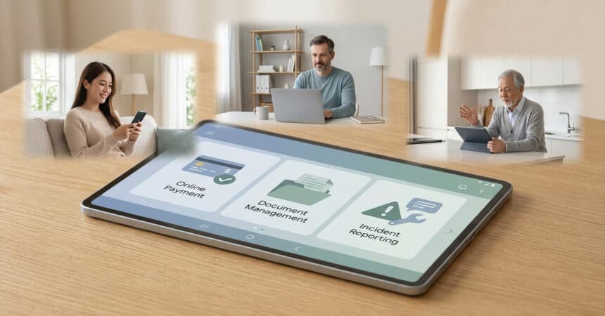 Sleek tablet displaying clear digital interface icons, with soft vignettes of diverse individuals using devices in modern homes.