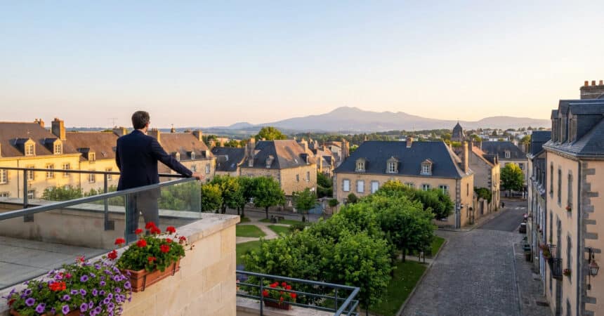 A person on a balcony overlooks a charming French city with stone buildings, green trees, and distant volcanic mountains under a warm, clear sky.