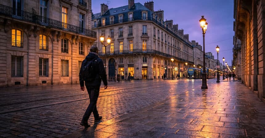 Person with backpack walks on wet Parisian cobblestone street at twilight, reflecting warm streetlight glow from Haussmannian buildings.