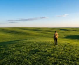 Photorealistic wide-angle shot of a person standing in a vast, vibrant green landscape under a clear blue sky, contemplating the expansive hills.