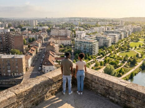 Young couple on elevated viewpoint overlooking Champigny-sur-Marne's contrasting urban landscape: dense old buildings vs. modern green areas with river.