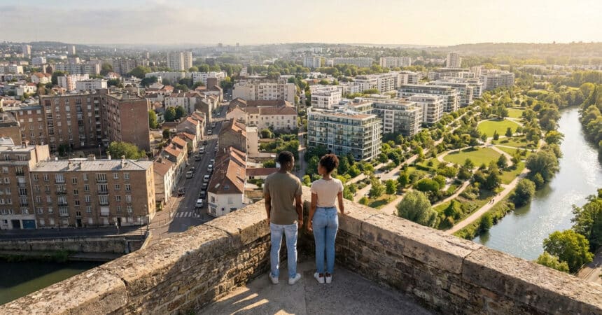 Young couple on elevated viewpoint overlooking Champigny-sur-Marne's contrasting urban landscape: dense old buildings vs. modern green areas with river.