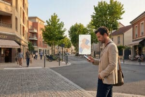 Man in smart-casual attire studies a digital map on his smartphone at a French suburban street corner. Buildings, shops, pedestrians, clear sky.