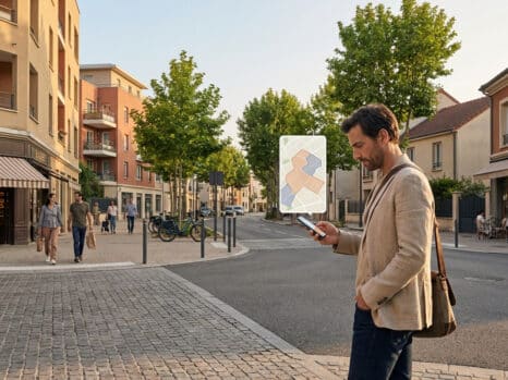 Man in smart-casual attire studies a digital map on his smartphone at a French suburban street corner. Buildings, shops, pedestrians, clear sky.