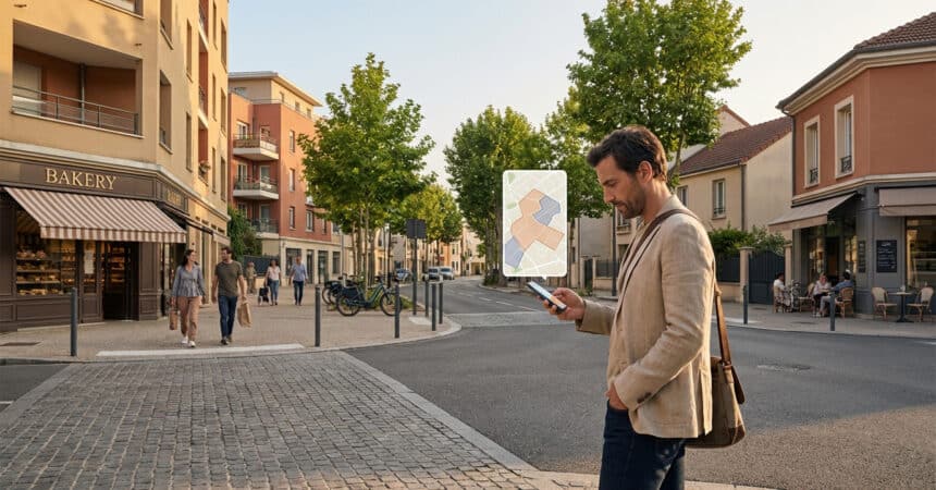 Man in smart-casual attire studies a digital map on his smartphone at a French suburban street corner. Buildings, shops, pedestrians, clear sky.