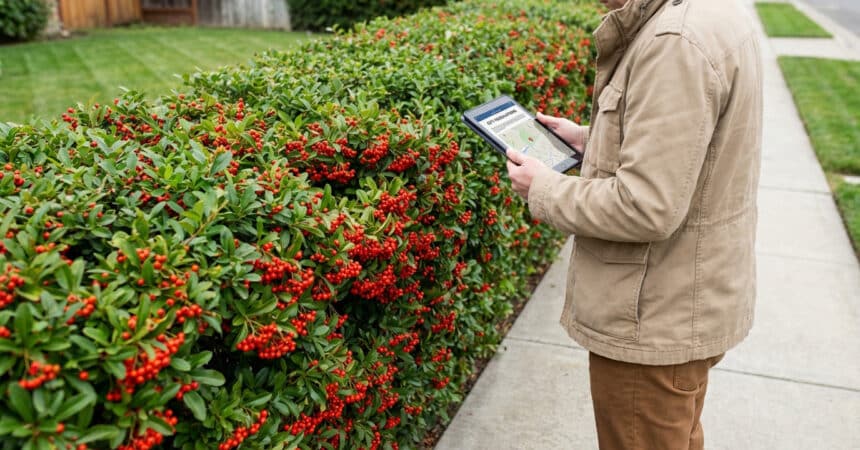 Person in neutral clothes checking city regulations on a tablet next to a vibrant pyracantha hedge with red berries and green leaves, bordering a sidewalk and garden.