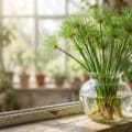 Vibrant papyrus plant with lush green stems and visible roots in a clear glass vase on a wooden windowsill, bathed in soft sunlight.