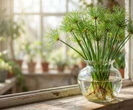 Vibrant papyrus plant with lush green stems and visible roots in a clear glass vase on a wooden windowsill, bathed in soft sunlight.