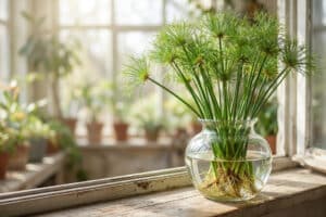 Vibrant papyrus plant with lush green stems and visible roots in a clear glass vase on a wooden windowsill, bathed in soft sunlight.