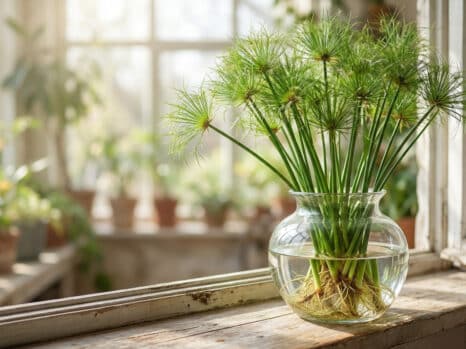 Vibrant papyrus plant with lush green stems and visible roots in a clear glass vase on a wooden windowsill, bathed in soft sunlight.