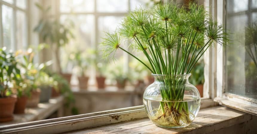 Vibrant papyrus plant with lush green stems and visible roots in a clear glass vase on a wooden windowsill, bathed in soft sunlight.