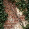 Close-up of Virginia creeper vines on a damaged brick wall with peeling stucco, highlighting invasive growth and structural wear.
