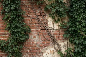 Close-up of Virginia creeper vines on a damaged brick wall with peeling stucco, highlighting invasive growth and structural wear.