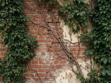 Close-up of Virginia creeper vines on a damaged brick wall with peeling stucco, highlighting invasive growth and structural wear.