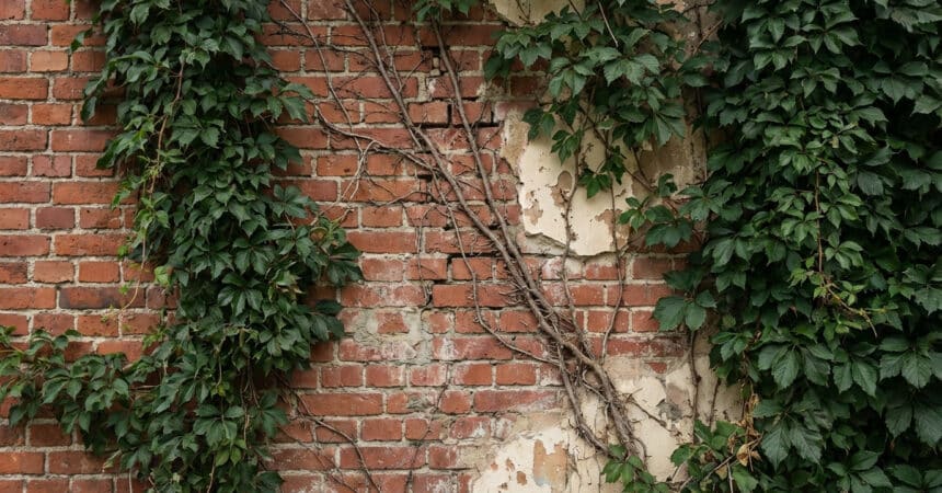 Close-up of Virginia creeper vines on a damaged brick wall with peeling stucco, highlighting invasive growth and structural wear.