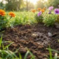 Close-up of disturbed garden soil with paw prints, surrounded by green grass, vibrant orange and purple flowers, and lettuce under soft, golden light.