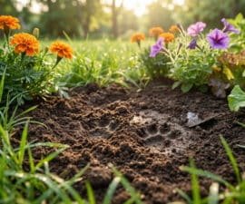 Close-up of disturbed garden soil with paw prints, surrounded by green grass, vibrant orange and purple flowers, and lettuce under soft, golden light.