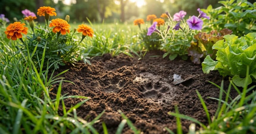 Close-up of disturbed garden soil with paw prints, surrounded by green grass, vibrant orange and purple flowers, and lettuce under soft, golden light.