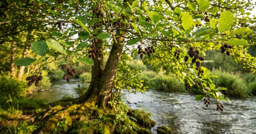 Gros plan sur les feuilles et les petits cônes d'un aulne poussant au bord d'une rivière ensoleillée.