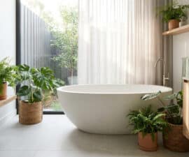Baignoire îlot blanche dans une salle de bain lumineuse avec des plantes vertes et une grande baie vitrée.
