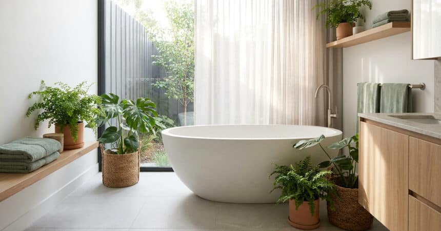 Baignoire îlot blanche dans une salle de bain lumineuse avec des plantes vertes et une grande baie vitrée.