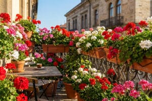 Un balcon fleuri rempli de pélargoniums rouges, roses et blancs, avec une petite table en bois et une tasse de café.