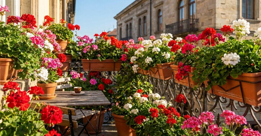 Un balcon fleuri rempli de pélargoniums rouges, roses et blancs, avec une petite table en bois et une tasse de café.