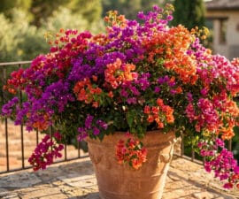 Un magnifique bougainvillier aux fleurs violettes et orange dans un pot en terre cuite sur une terrasse ensoleillée.