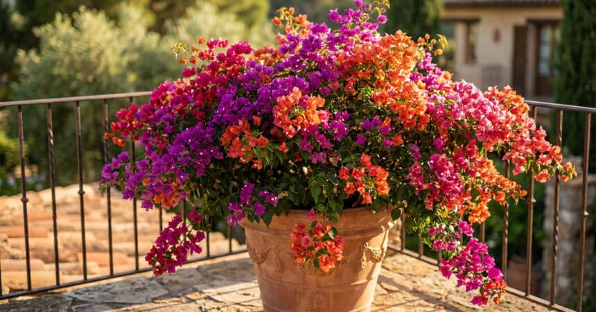 Un magnifique bougainvillier aux fleurs violettes et orange dans un pot en terre cuite sur une terrasse ensoleillée.