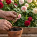 Mains de jardinier plantant une bouture de rosier dans un pot en terre cuite devant un massif de roses.