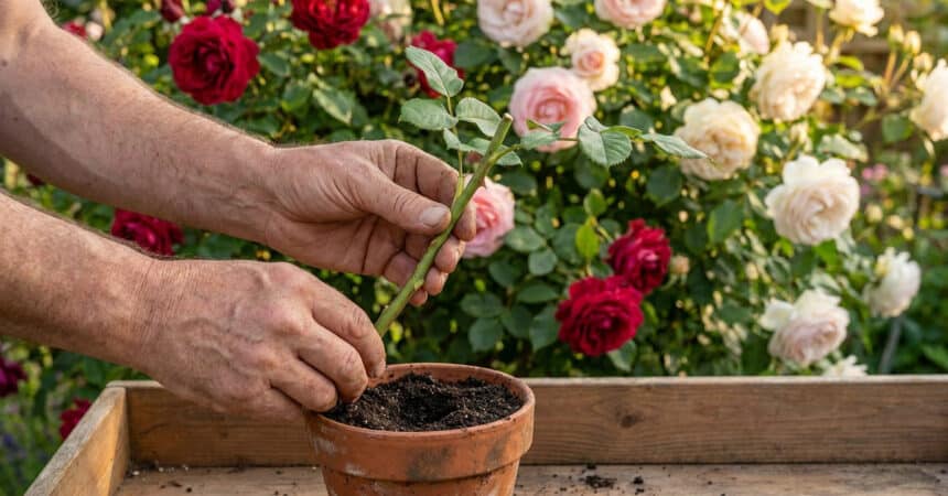Mains de jardinier plantant une bouture de rosier dans un pot en terre cuite devant un massif de roses.