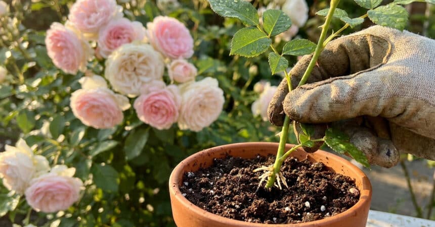 Une main gantée plante une bouture de rosier enracinée dans un petit pot en terre cuite devant des rosiers en fleurs.